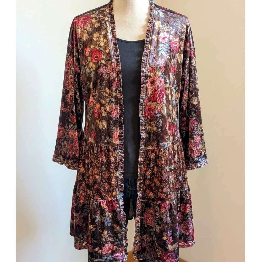 Easel Floral Velvet Open Front Cardigan Ruffle Tiered Bell Sleeve Brown Large